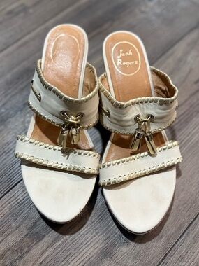 Jack Rogers Cream Leather Wedge Sandals Tassel Whipstitch Women’s Size 8